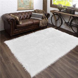 White Fur Rug 5x6.7 Faux Fur Sheepskin Rug Living Room Bedroom Fluffy Washable